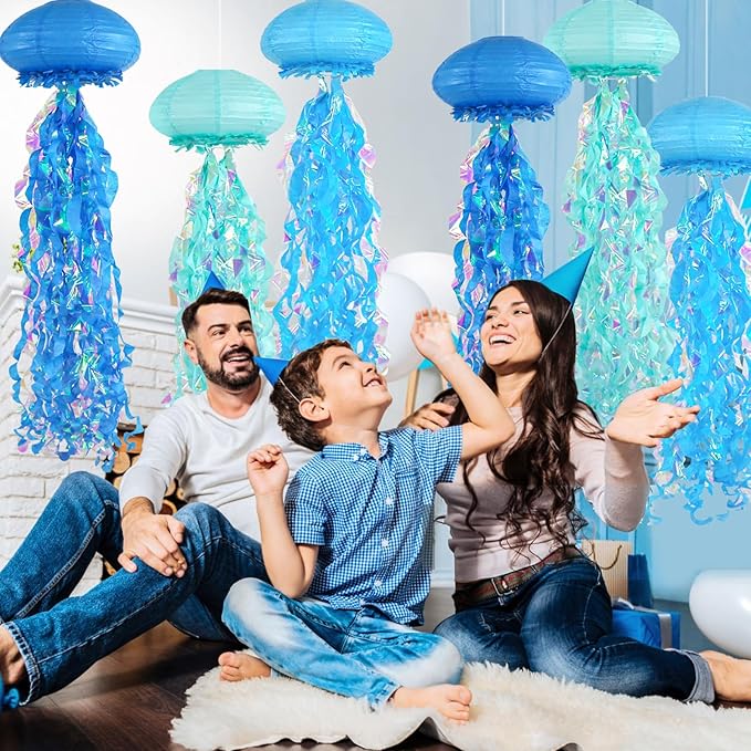 ADLKGG Jellyfish Paper Lanterns, Under The Sea Party Decorations, 6pcs Hanging Jelly Fish for Mermaid Ocean Themed Birthday Party Decorations, Baby Shower Classroom Decor (Blue）