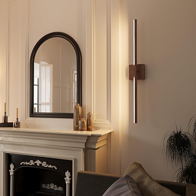 Rayogale Walnut Battery Operated Wall Sconce with Remote Control 24 Inch | 3000/4500/6000K Dimmable 8000mAh Wireless Rechargeable Wall Sconces Set of Two with Timer for Living Room, Bedroom, TV