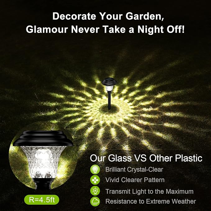 Glass Solar Lights Outdoor waterproof, 8 Pack Super Bright Solar Pathway Lights, Up to 12 Hrs Long Last Auto On/Off Garden Lights Solar Powered, Stainless Steel LED Light For Yard Landscape Cool White