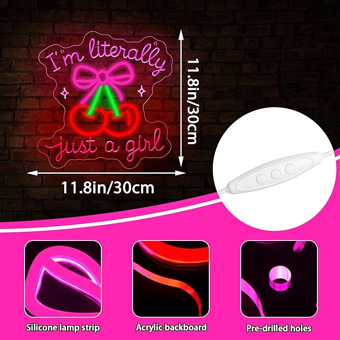 I'm Literally Just A Girl Neon Sign for Wall Decor Dimmable Pink Cherry Neon Light for Man Cave LED Light Sign for Aesthetic Teen Girls Bedroom Dorm Romantic Birthday Gifts Size11.8 * 11.8In(WZA015)