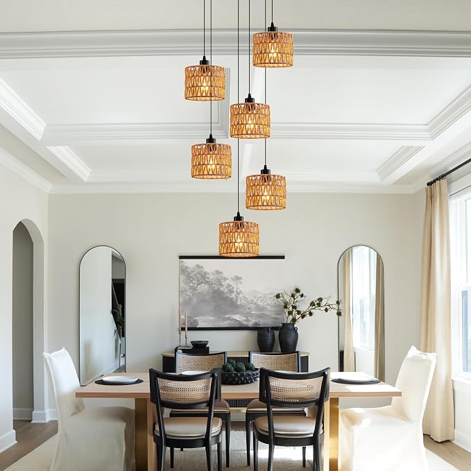 6-Light Coastal Chandelier Hand Woven Wicker Ceiling Lamp E26 Base Black Rustic Adjustable Long Staircase Hanging Lights for Farmhouse Kitchen Island, Boho Rattan Light Fixture