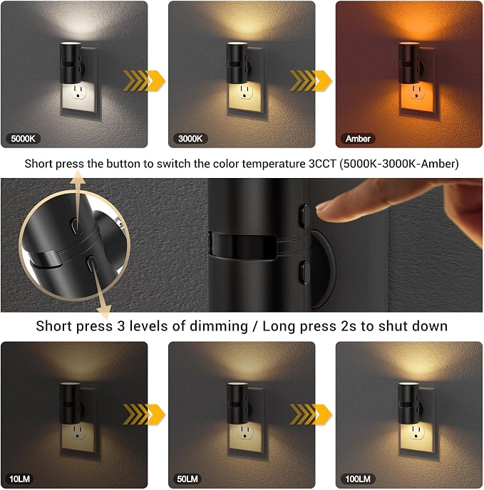 JandCase Motion Night Light, Rotating Night Lights Plug into Wall, 3 Colors | 3000K-5000K-Amber, Dusk to Dawn & Motion Sensor, 3 Level Brightness Nightlight for Bathroom Bedroom Hallway [4 Pack]