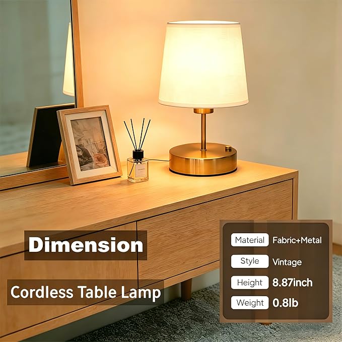 Gold Portable Cordless Table Lamp, Rechargeable Bedside Lamp, Mini | 3000mAh battery, touch stepless dimming, 2700K warm light, fabric shade and USB-C charging for bedroom, nightstand and desk.