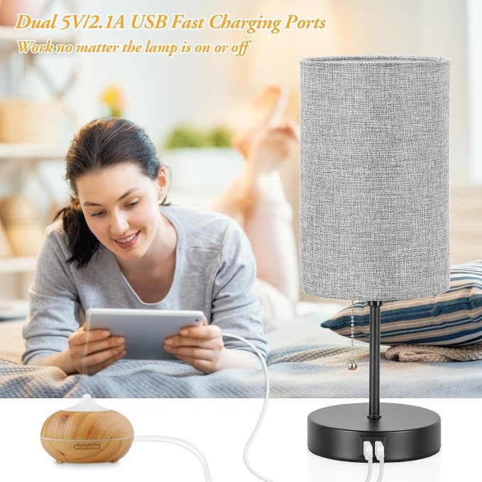 Modern Table Lamps Set of 2, Grey Fabric Shade and Black Metal Base for Living Room Bedroom Office Reading Dorm Hotel