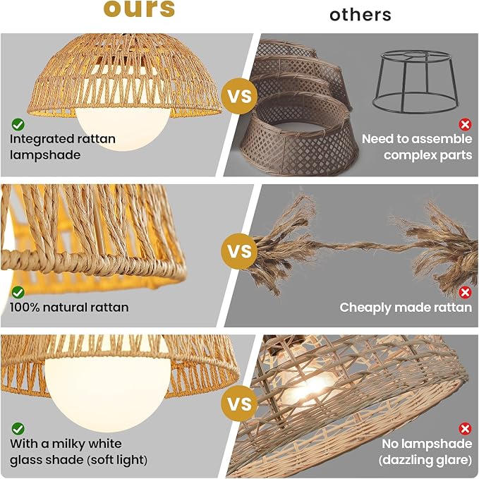 AIJIASI Rattan Pendant Light, 11.8" Hand Woven Boho Pendant Light Fixture with Milk Glass Globe, Gold Kitchen Pendant Lighting Over Island Adjustable Chandelier for Dining Room Hallway Foyer
