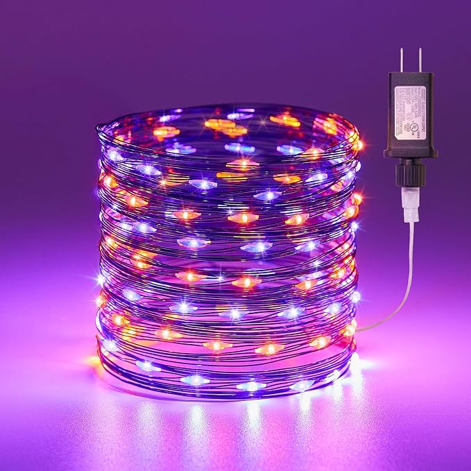 Halloween Fairy Lights Plug in, 33Ft 100LEDs Halloween String Lights, Waterproof Flexible Black Wire String Lights for Home Party Haunted House Indoor Outdoor Halloween Decorations, Orange & Purple