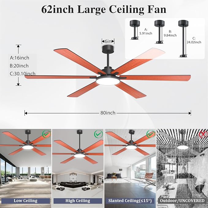 80 Inch Ceiling Fans with Lights and Remote Control, Indoor/Outdoor Flush Mount Low Profile, Commercial Reversible Dimmable Ceiling Fans for Living Room Patio Industrial Shop, Wood Grain
