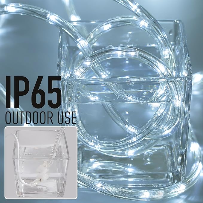 Waterproof LED Rope Lights, Connectable & Flexible with 8 Modes, Outdoor Lighting for Deck, Garden, Pool, Patio & Christmas Decor (White, 100ft)