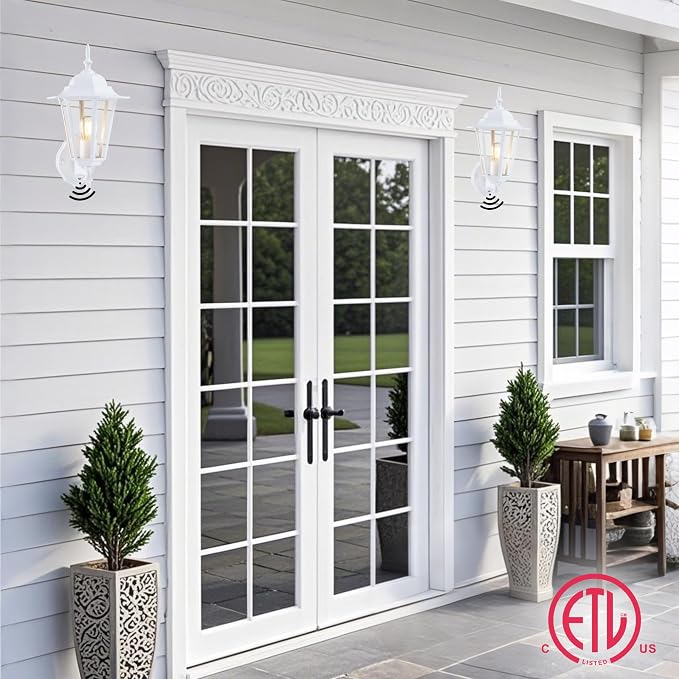 GRUENLICH Outdoor Wall Light Fixture, Rustproof Aluminum, Glass | Dusk to Dawn Exterior Porch Light Wall Sconce Lantern for House, Patio, Garage, Waterproof, E26 Socket 60W Max, White, 1 Pack