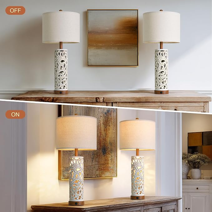 2-in-1 Light Table Lamp Set of 2 for Living Room, 28.5" Farmhouse Bedside Lamps with USB Charging Port, Main&Night Light & Dual Switches, Nightstand Lamp for Bedroom Home Office(Bulb Included)