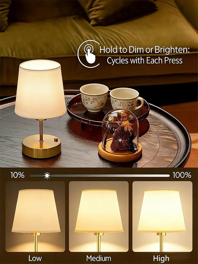 Gold Portable Cordless Table Lamp, Rechargeable Bedside Lamp, Mini | 3000mAh battery, touch stepless dimming, 2700K warm light, fabric shade and USB-C charging for bedroom, nightstand and desk.
