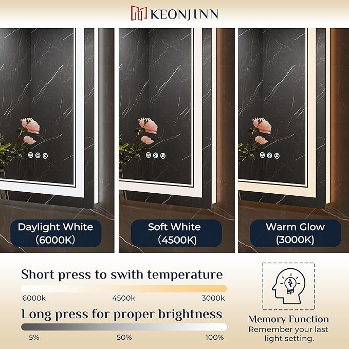Keonjinn 28"x36" Lighted Mirrors for Bathroom Wall with Bluetooth Speaker, Frontlit & Backlit LED Bathroom Mirror, Bluetooth Mirror Bathrooms, Dimmable 3 Color Lights, Tempered Glass, Anti-Fog, CRI90+