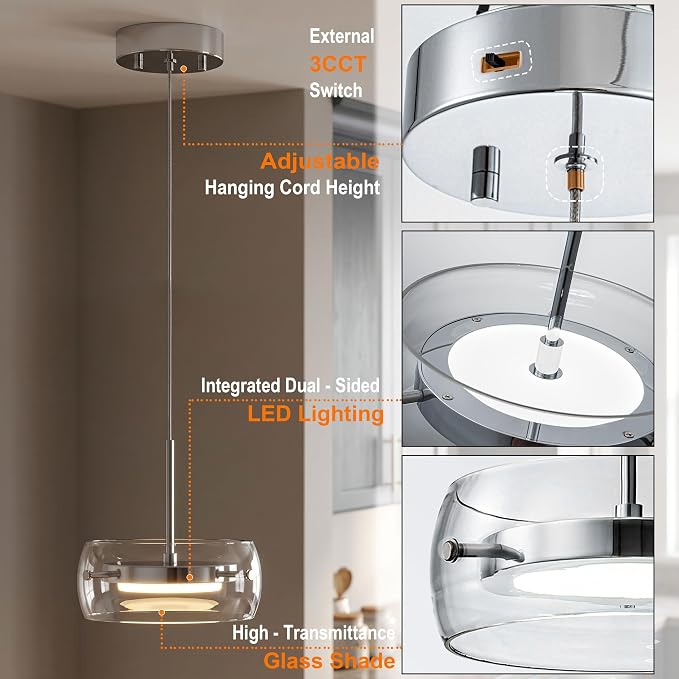 3-Modern Pendant Lights Kitchen Island, Dual-Sided LED 3-CCT Dimmable Glass Hanging Lighting Fixture, Adjustable Cable for Dining Room, Bar, Over Table, Sloped Ceiling Chrome Silver