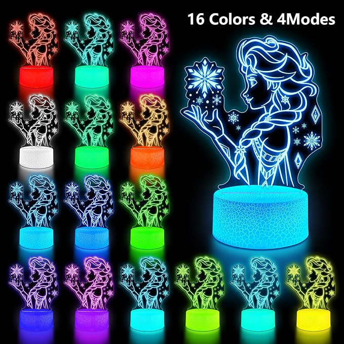 Cute Night Light for Kids, 16 Colors Change Princess Decor Lamp with Remote, Dim for Girls Bedroom 3D Illusion LED Night Lights, Ideal Gifts for Girls Christmas Birthday Party Room Decoration