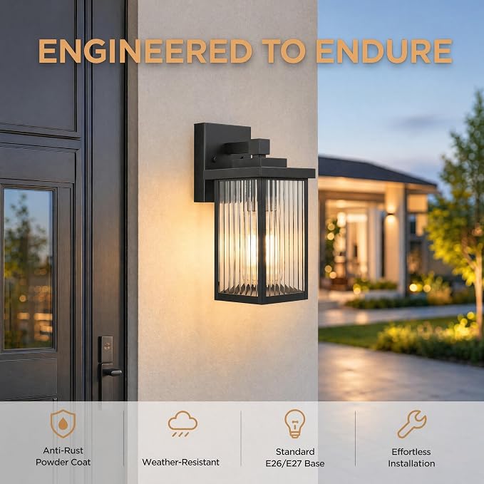 Black Wall Mount Porch Lights with Ribbed Fluted Glass | 10.6 inch, Anti-Rust Metal Frame, Tempered Glass, E26 Socket, Pre-Assembled DIY Install for Porch, Garage, Front Door