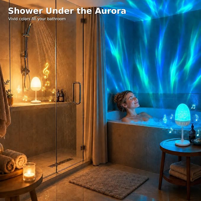 Waterproof Shower Lamp with Bluetooth Speaker, Rechargeable Bathroom Lamp | 16 Color Changeable Shower Light with Remote&Touch Control, LED Cordless Northern Lights Projector for Inside Shower, Bathtub