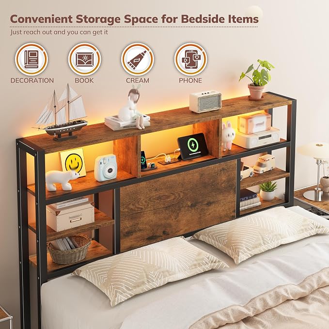 Homkdom Full Bed Frame with Storage Headboard and Charging Station,Brown | LED Lights，12.2" Under-Bed Storage，Supports up to 1100 LBS，No Box Spring Needed，Easy Assembly