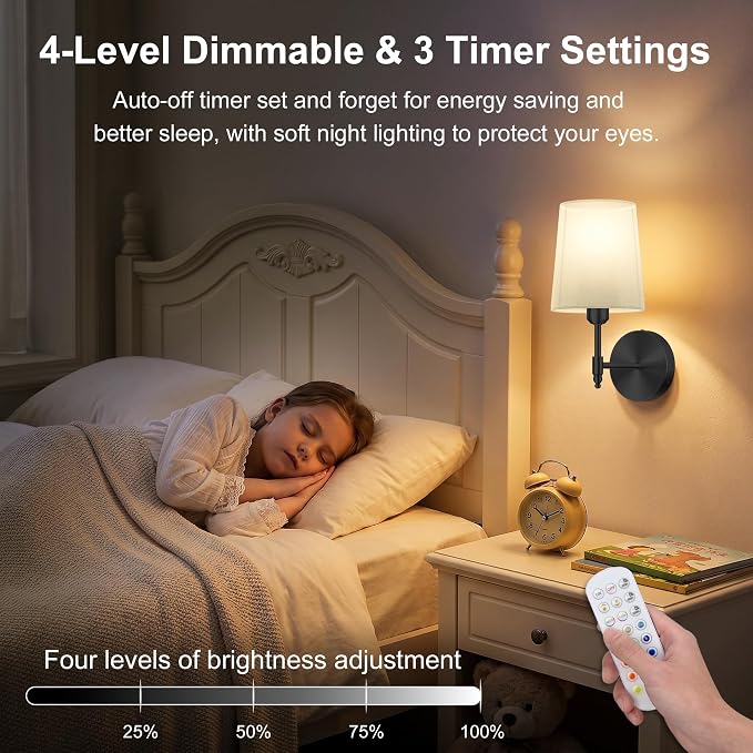 Battery Operated Wall Sconces Set of 2 with Remote Control, 15000mAh, Black | Wireless Rechargeable 3 Color Temperature Dimmable Magnetic Bulb Wall Light for Bedroom, Living Room, Hallway,13.4in