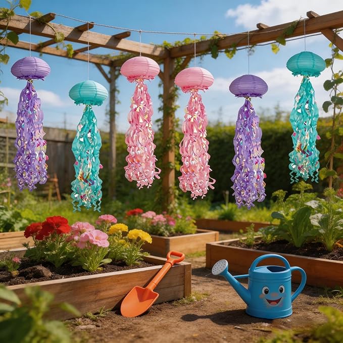 Jellyfish Paper Lanterns with LED Lights Set of 6, Lilac/Pink/Turquoise Oval Hanging Floating Decorations for Under The Sea Party Mermaid Birthday Ocean Classroom Beach Room Aesthetic