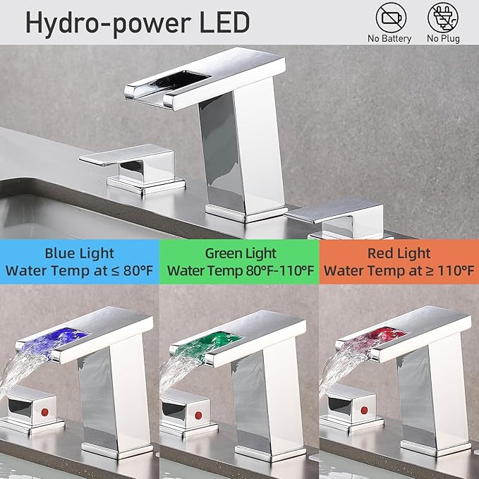 LED Bathroom Faucet 3 Hole, Chrome Waterfall Bathroom Faucets, 8 Inch Widespread Modern Bathroom Sink Faucet & Parts, Wide Spread Touch On Three Hole 2 Handle 3 Piece Bathroom Vanity Faucet