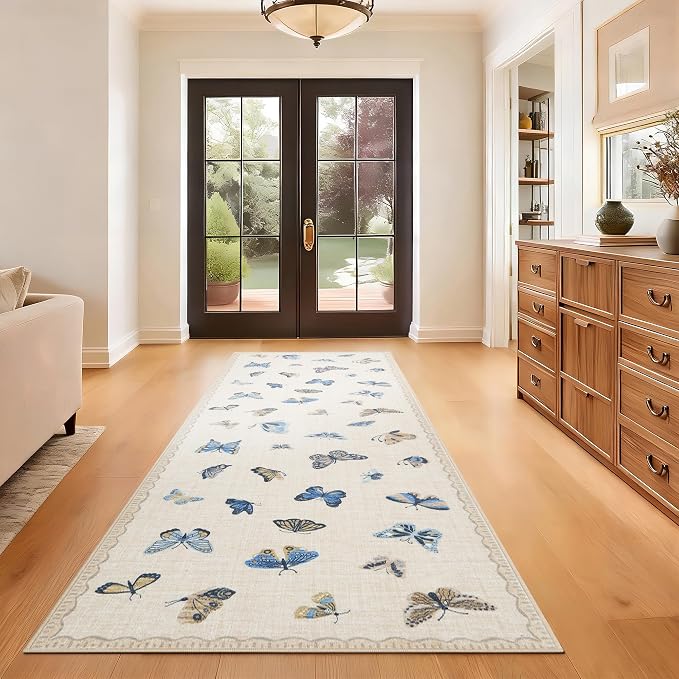 GarveeHome Butterfly Area Rug 2x6, No Slip Washable Rug, Modern Bedroom Rug Under Bed Ultra Carpet, Low-Profile Rugs for Living Room Bedroom Dining Room, Khaki