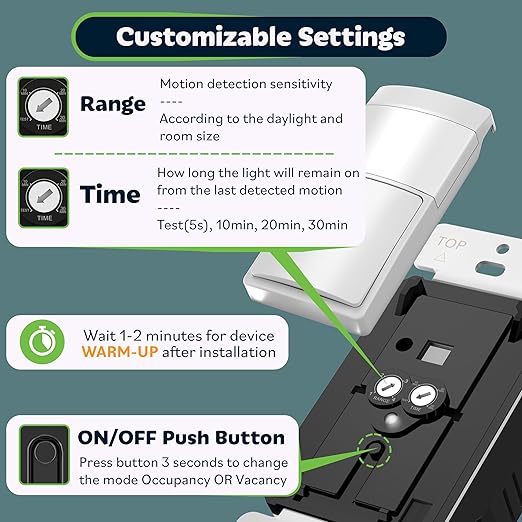 TOPGREENER PIR Motion Sensor Light Switch,No Neutral No Ground Wire, 2 Pack | Occupancy&Vacancy Sensor Switch, Operable Without Ground Wire, Single Pole, UL listed, Wall Plate Included,TDOS5-HL-W, White