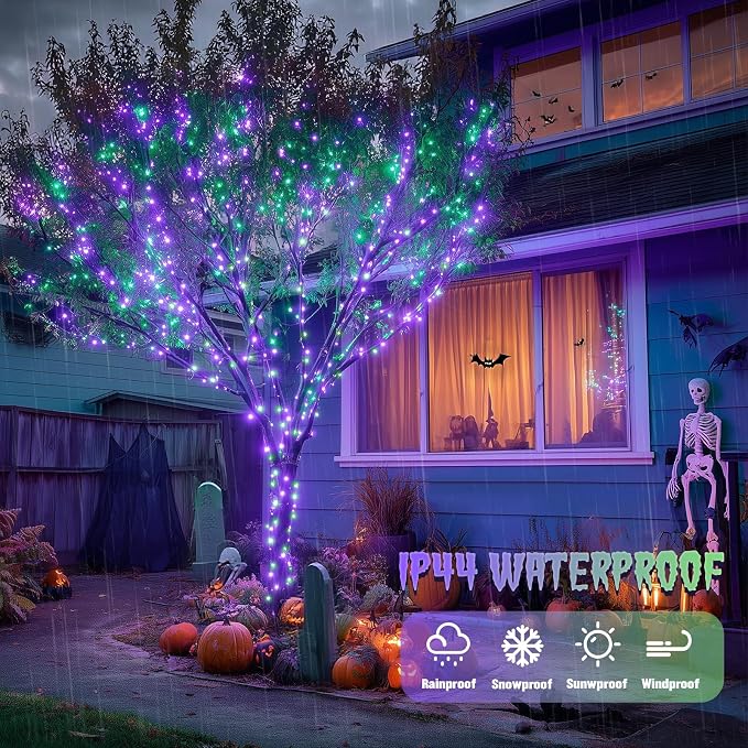 JMEXSUSS 200 LED Purple and Green Halloween Fairy Lights Plug in | 8 Modes Halloween Lights Indoor Outdoor with Wheel, 66 ft Remote Control Christmas Fairy Lights for Xmas