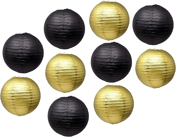 Mudra Crafts Black Gold Paper Lanterns Wedding Party Decorations - 12 in 10 Round Hanging Ceiling Lanterns, 10 Pack, Decorative Lamp Shades