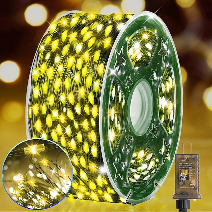 KNONEW 400FT 1200LED Green Wire Outdoor Fairy Lights Plug in Warm White | Timer,Memory,Dimmable,Remote,Waterproof,Green Wire,Invisible in Greenery,for Garden,Wedding,Party, Indoor/Outdoor, Christmas