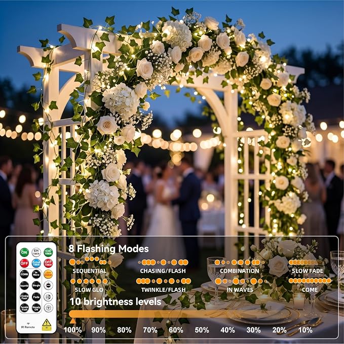 Ivy Vine Fairy Lights 2500mAh Rechargeable Battery, Warm White | 33FT 100LED with Remote Control, Timer & 8 Modes, Waterproof for Bedroom Dorm Wedding Party Christmas Indoor Outdoor Decor