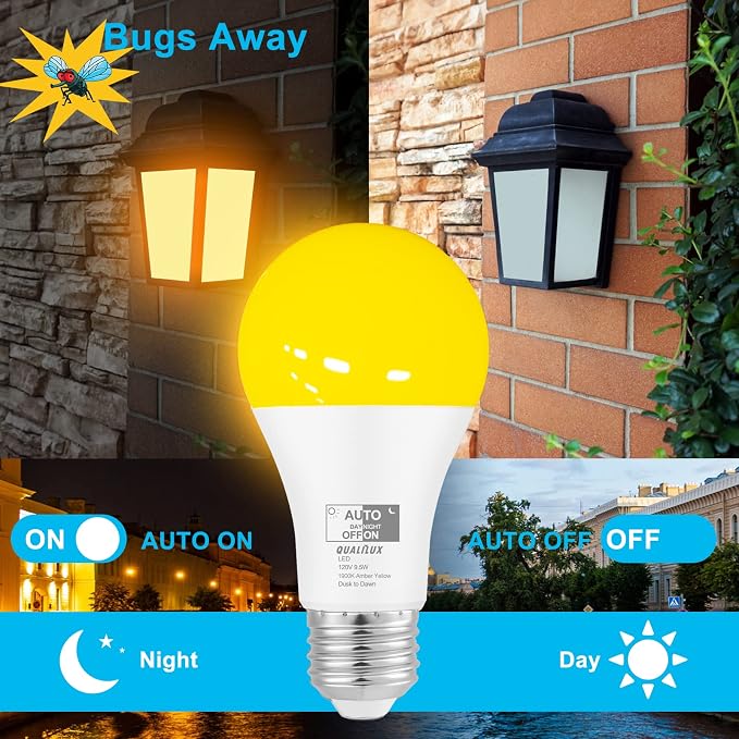 Qualilux Dusk to Dawn A19 LED Bug Light Bulbs Outdoor, 1900K Amber Yellow, 600 Lumen, LED 9.5W, E26, 2-Pack, HQ-H017