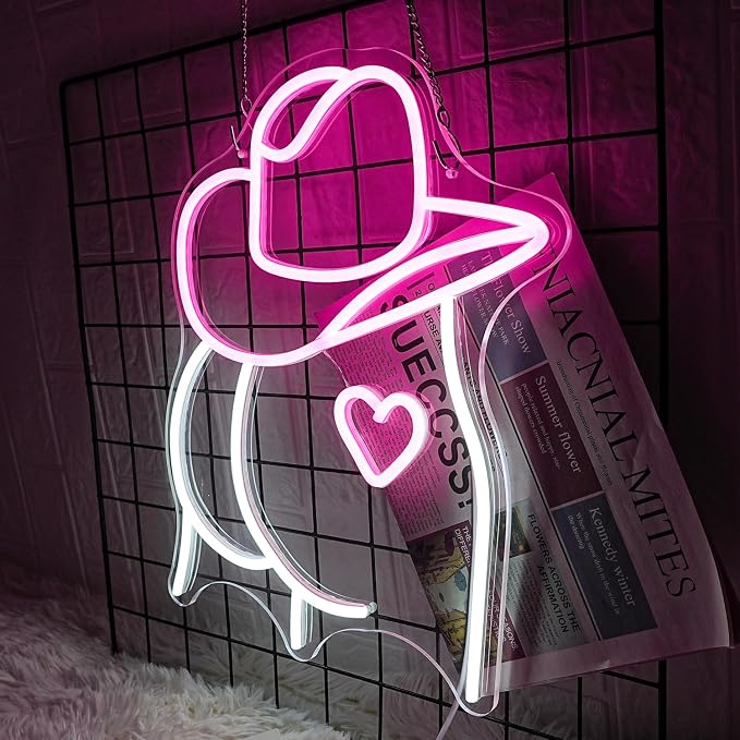 Cowboy Hat Neon Sign Buttocks LED Sign for Wall Decor USB Powered Pink White Sexy Neon Light for Gameroom, Bedroom, Livingroom, Bar, Office, Beer Bar (16.5 x13 inch)