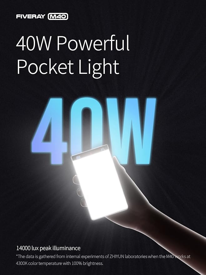 ZHIYUN FIVERAY M40 Video Light [Official], 40W Portable Camera Light, 14000 Lux, CRI/TLCI 96+ 2700-6200K, 320g LED Panel DSLR Photography Lighting, Lighting Setup for YouTube, TikTok