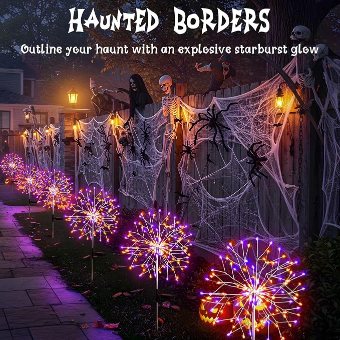 Solar Halloween Lights Outdoor Solar Powered, Upgrade 2-Pack Orange & Purple Solar Firework Lights, Waterproof Garden Light for Yard Pathway Patio Flowerbed Halloween Decorations