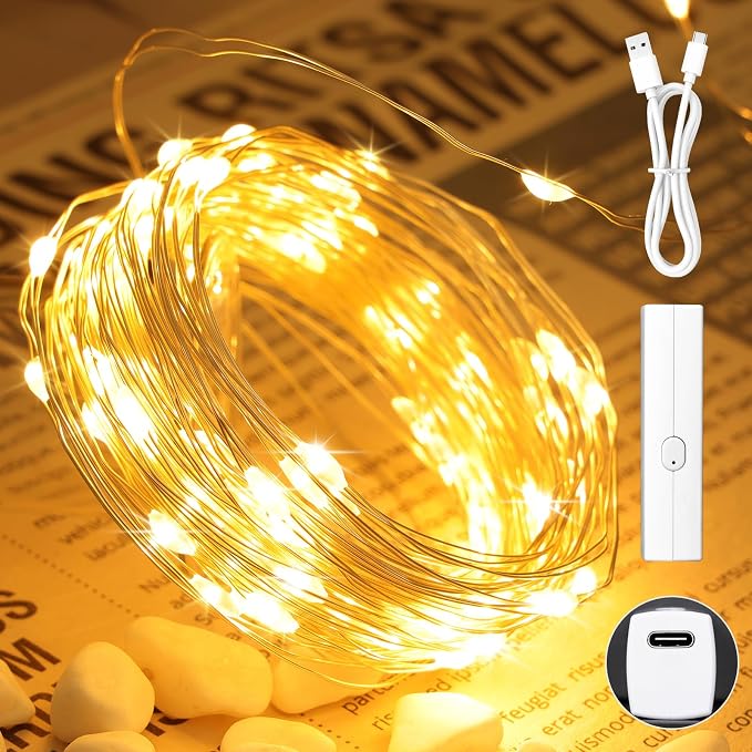 132FT(33×4) Warm White Fairy Lights, Rechargeable Battery Operated String Lights with Timer, 8 Modes Waterproof LED Twinkle Lights for Bedroom Christmas Wedding Centerpiece Table Decor