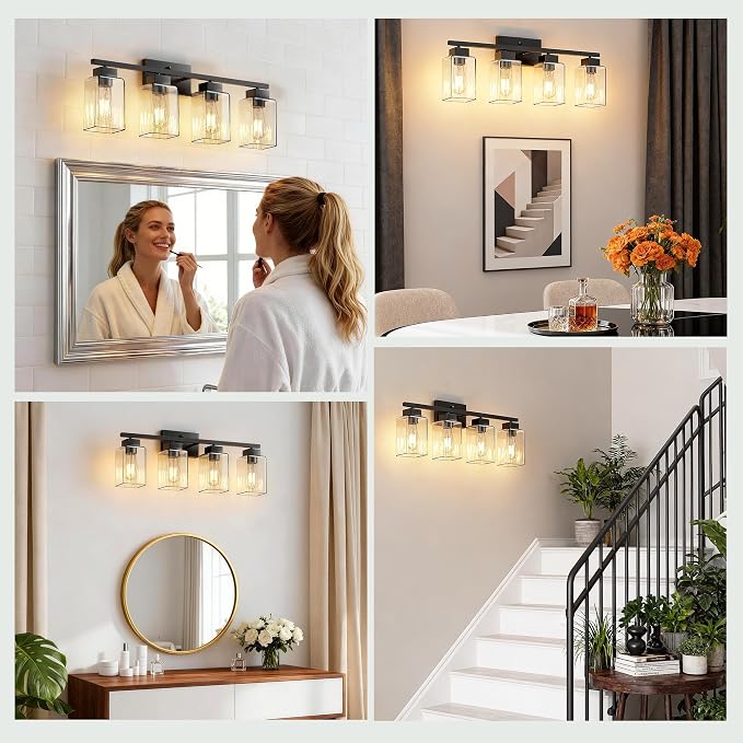 4-Light Bathroom Light Fixtures, Matte Black Modern Vanity Lights, Bathroom Lighting Fixtures Over Mirror, Square Design Farmhouse Wall Sconces with Clear Glass Shades