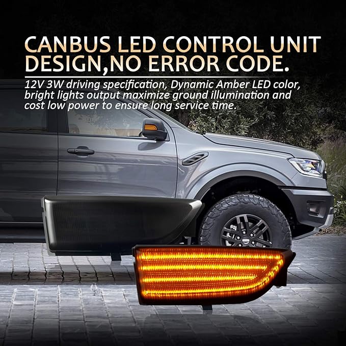 D-Lumina Sequential LED Turn Signal Side Mirror Lights Smoked Lens Fit 2012-2019 Fo-rd Ranger T6 Raptor Wildtrak and 2015-2019 Everest, Dynamic Side Mirror Marker Light Replace Factory Amber Reflector