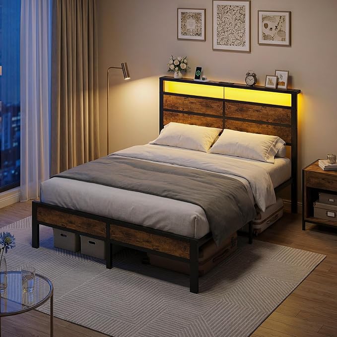 Queen Size Bed Frame with LED Lights and USB Type C Charging Headboard | Brown Metal Platform Bed, Charging Station, Storage Shelf, Noise Free, No Box Spring Needed