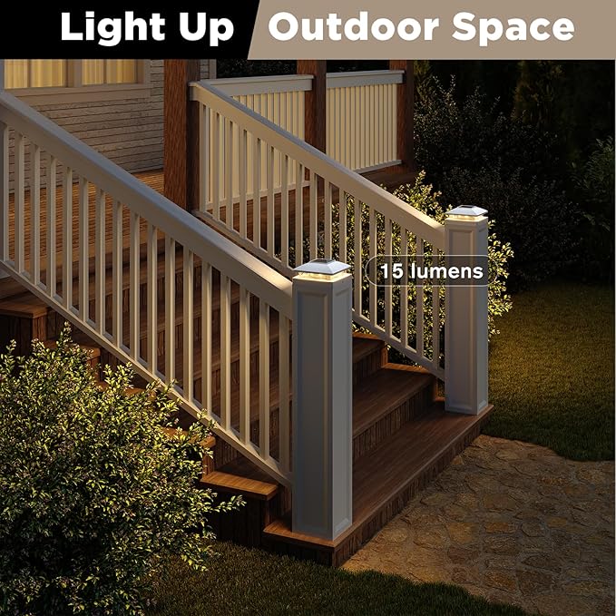 Solar Post Cap Lights Outdoor 6pack, White Waterproof Solar Powered Deck Fence Post Lights Fit 4x4 Wood/Vinyl Posts, Bright Warm White Solar Post Lights Decorate Deck, Patio, Porch, Fence