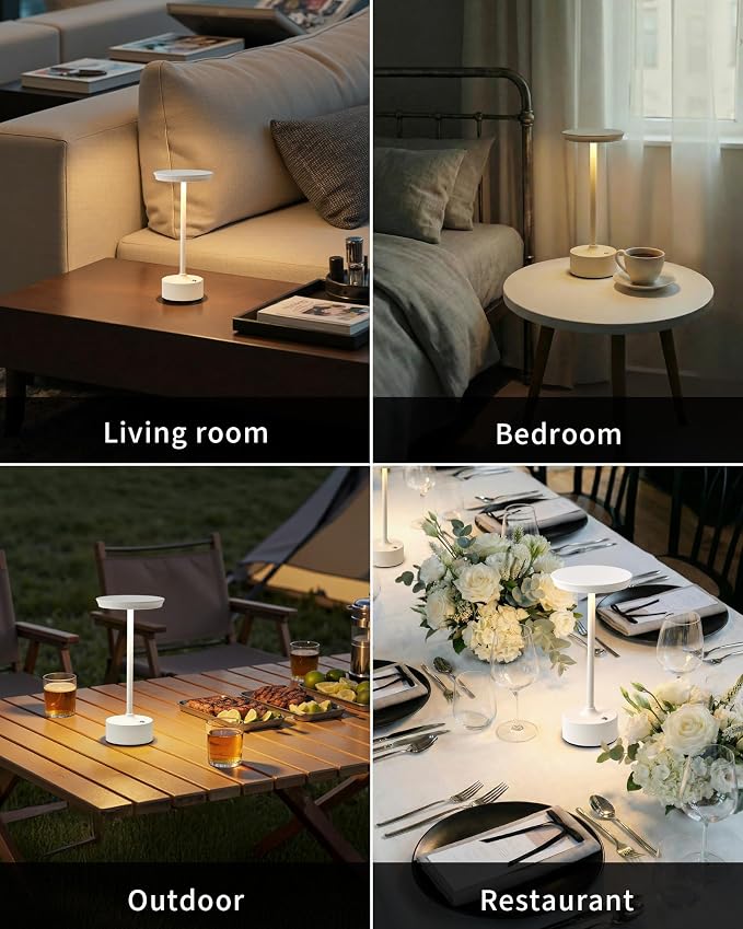 PUSU Rechargeable Table Lamps Set of 2, White Cordless Portable Desk Lamp | 4000mAh Battery, Stepless Dimming & 3 Color 2700K-6000K, LED Lamp for Bedroom, Living Room, Restaurant, Outdoor, Night Light