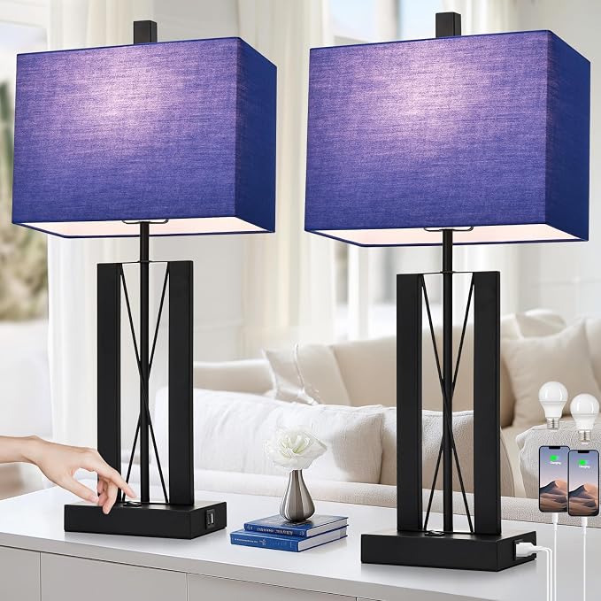 Lolikit 25" Table Lamps for Living Room Set of 2, Bedside Lamps for Bedroom | 2 USB Charging Ports,Blue and Black,Geometric Industrial Contemporary,2 LED Bulbs Shade Included,Nightstand,End Table