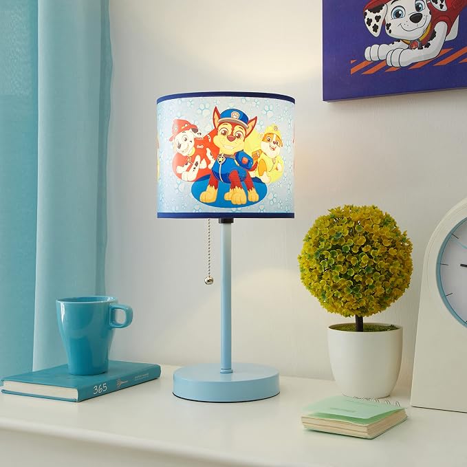 Nickelodeon Paw Patrol Kids Table Lamp with Pull Chain, Stick Lamp Featuring Chase, Rubble & Marshall, Decorative Printed Shade for Bedroom, Playroom or Nursery Lighting