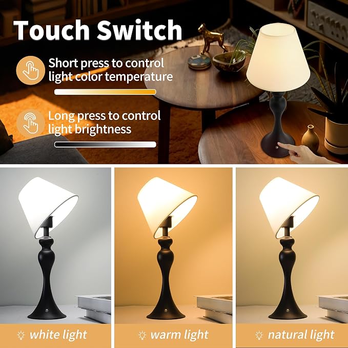 Mr.White Rechargeable Cordless Table Lamp with E26 LED Bulb, 5200mAh Battery Operated Portable Table Light with Fabric Shade, for Patio Restaurant Kitchen Bedside Living Room (Black)