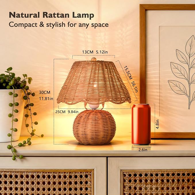 Rattan Small Bedside Mini Table Lamp for Bedroom, Boho Bedroom Lamps for Nightstand, Wicker Mini Table Lamps for Small Spaces with Scalloped Shade for Kitchen Counter, Bookshelf, Kids Dorm, Office