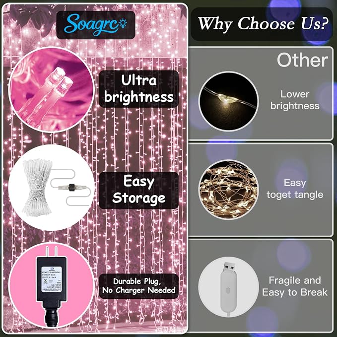 200 LED Pink Curtain String Lights 9.8x6.6FT, Plug in Fairy Lights, 9 Hooks, Dimmable Timer 8 Modes, IP44 Waterproof, Princess Girls Bedroom Wall Wedding Party Birthday Indoor Decor