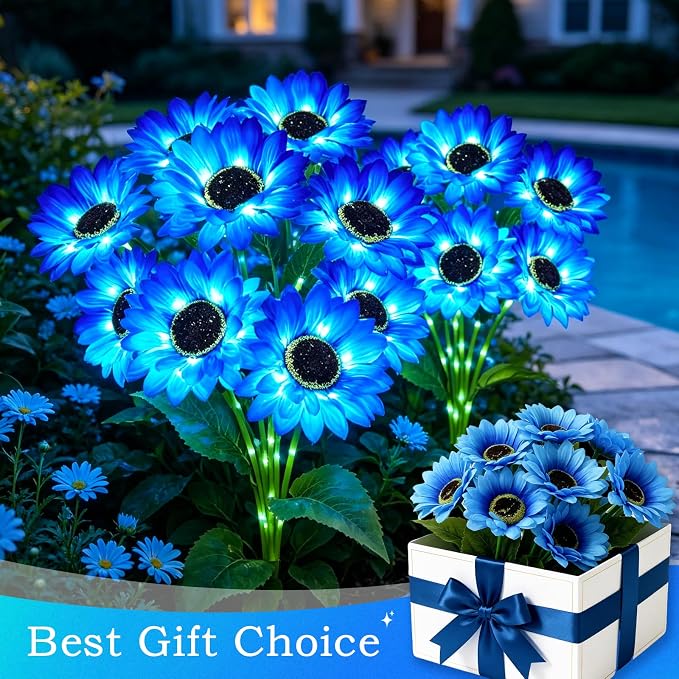 MRHEPHAESTUS Solar Garden Lights Outdoor, 4 Pack Solar Blue Sunflower Lights with 18 Head 3.5 Inch Flowers, Waterproof Flowers Light Fall Decor Auto ON/Off for Garden Yard Patio, Gifts for Mom Women