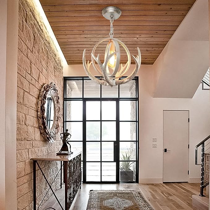 Rustic Antler Chandelier Dining for Dining Room, Unique Design Farmhosue 4 Antlers Chandeliers with Retro Globe Frame Antler Light Fixtures for Living Room Kitchen Foyer(Antique White)