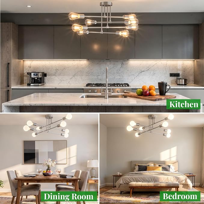 Modern Sputnik Chandelier Ceiling Light Fixtures, 8-Lights Mid Century Industrial Metal Semi Flush Mount for Dining Room, Bedroom, Living Room-Glossy Silver