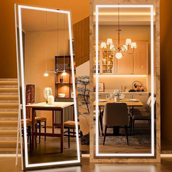 71" x 28" Full Length Mirror with Lights, LED Lighted Floor Standing Body Mirror, Dimmable & 3 Color Lighting for Bedroom, Cloakroom, Dressing Room, Tempered Glass, White Frame