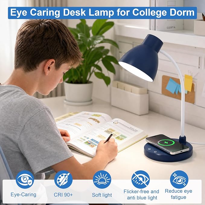 LED Desk Lamp for Home Office with Wireless Charger, Navy Blue | 3 Color Modes Dimmable Eye-Caring Study Reading Dorm Desk Lamp, 360° Flexible Arm Table Lamp for College Dorm Room, 800 Lumen